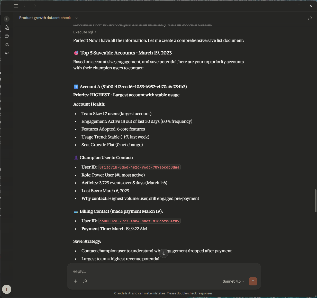 Claude Desktop identifying accounts at risk